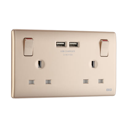 British General BG Neo Slimline Double Socket with USB Charger (PCCH22U3)
