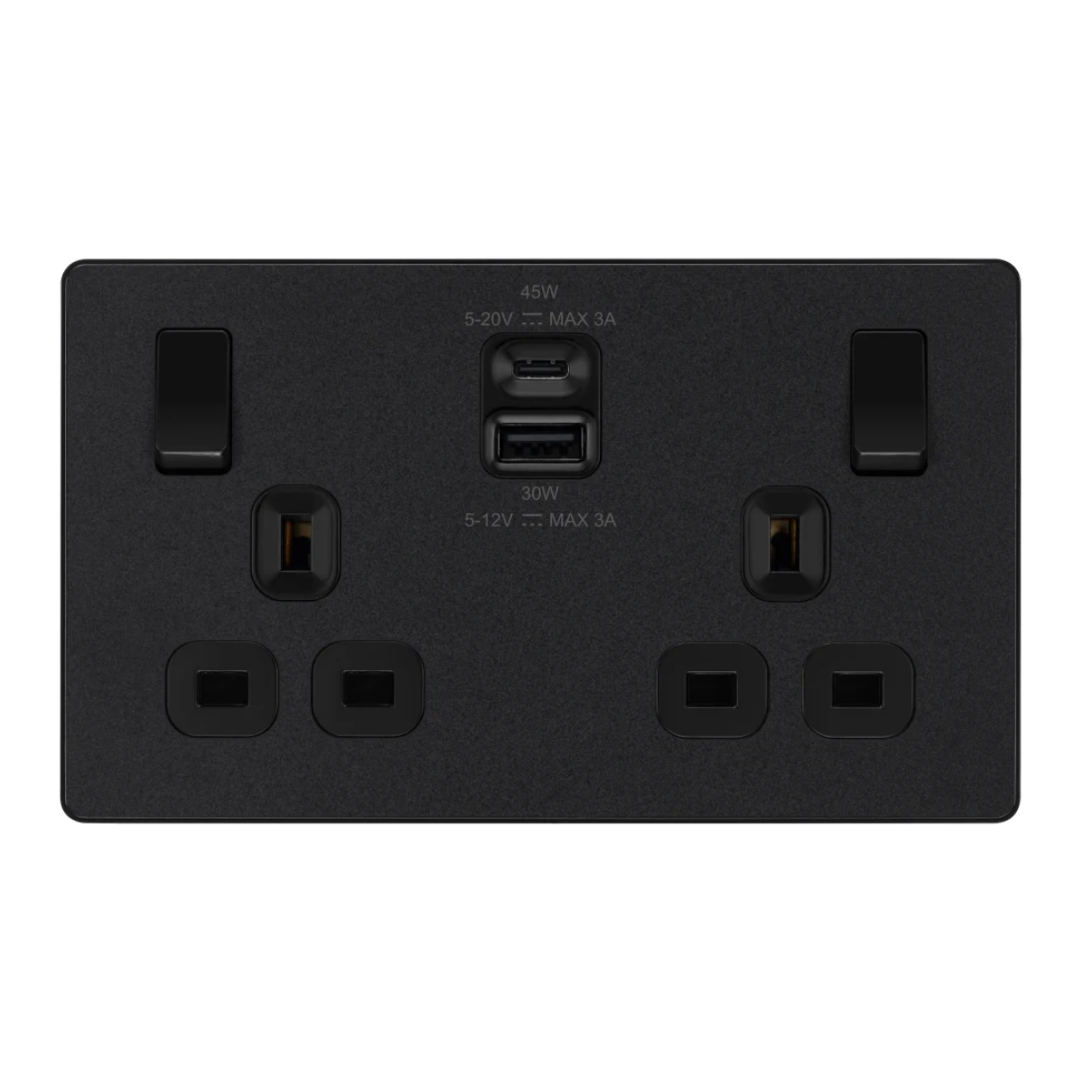 British General Evolve Mat Black Edge to Edge, Double Switched, Single Pole, USB A+C, 45W (PCDMB22UAC45B)