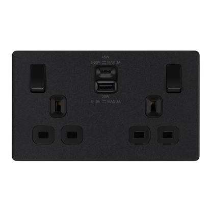 British General Evolve Mat Black Edge to Edge, Double Switched, Single Pole, USB A+C, 45W (PCDMB22UAC45B)