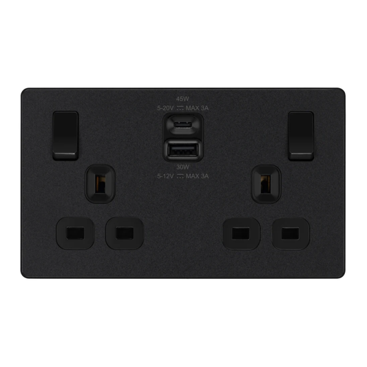 British General Evolve Mat Black Edge to Edge, Double Switched, Single Pole, USB A+C, 45W (PCDMB22UAC45B)