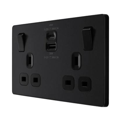 British General Evolve Mat Black Edge to Edge, Double Switched, Single Pole, USB A+C, 45W (PCDMB22UAC45B)