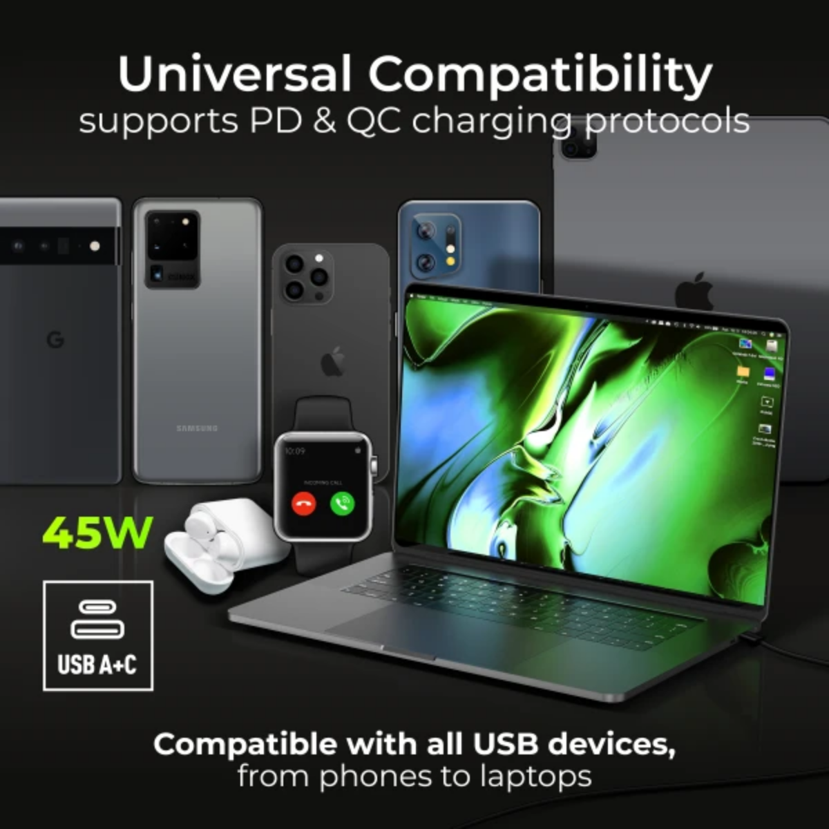 British General Evolve Mat Black Edge to Edge, Double Switched, Single Pole, USB A+C, 45W (PCDMB22UAC45B)