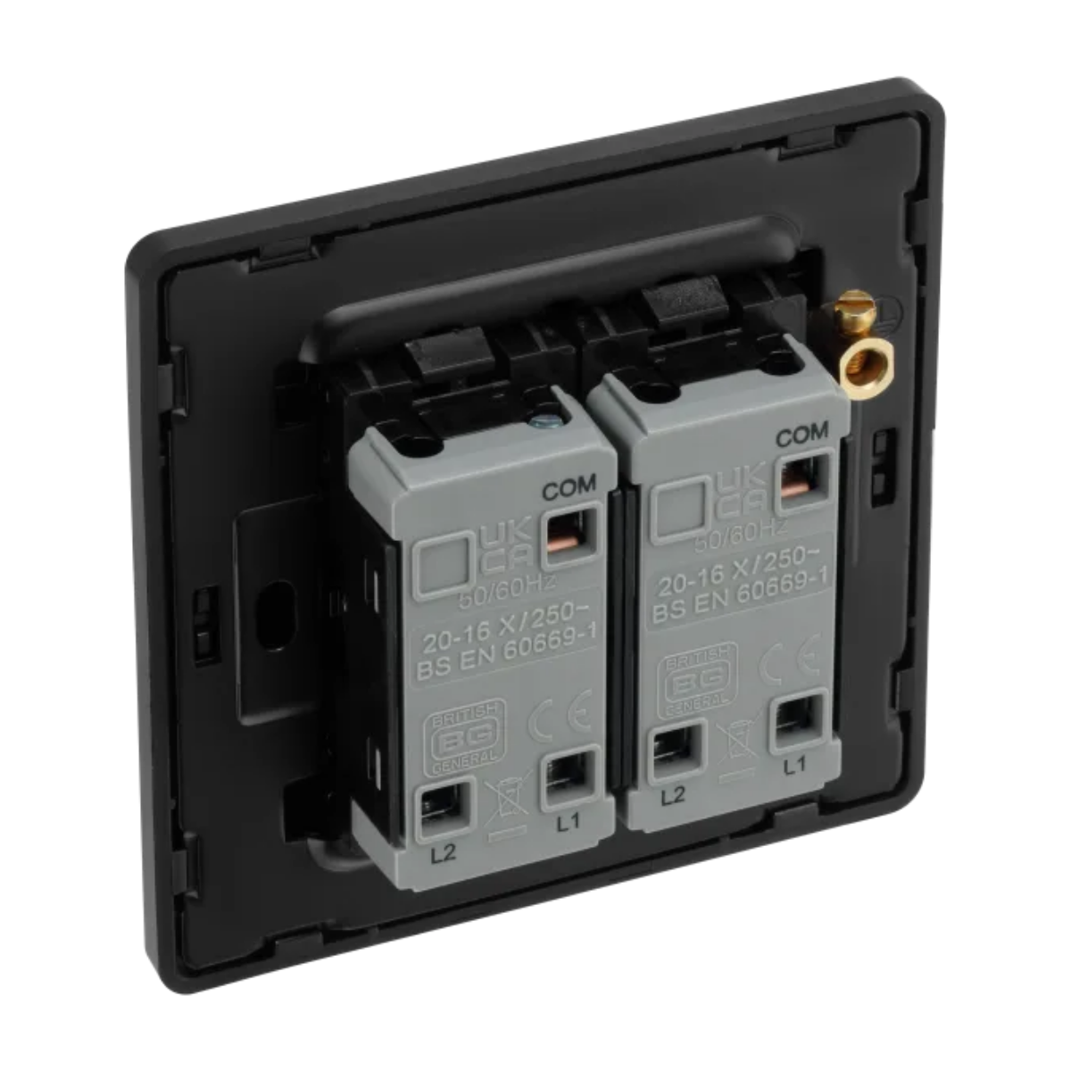 British General Evolve Matt Black Edge to Edge, 2 Gang, 2 Way Switch, 20 Amp (PCDMB42EB)