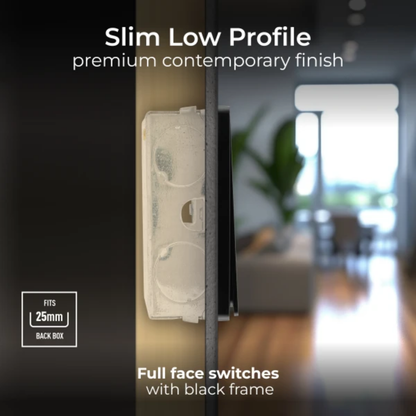 British General Evolve Matt Black Edge to Edge, 2 Gang, 2 Way Switch, 20 Amp (PCDMB42EB)