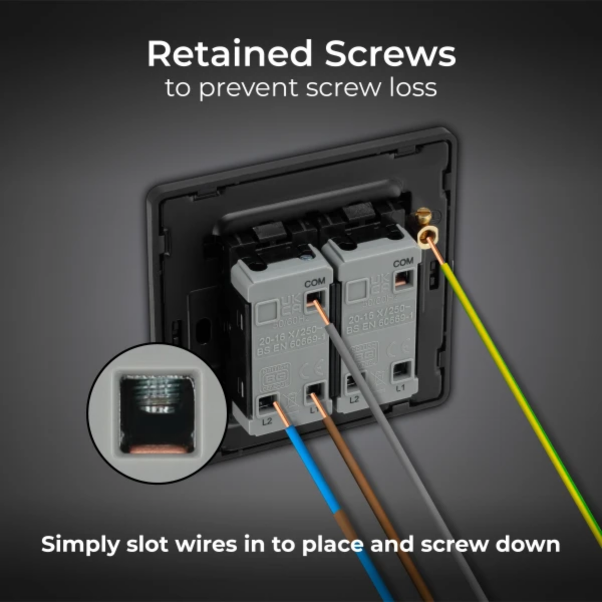 British General Evolve Matt Black Edge to Edge, 2 Gang, 2 Way Switch, 20 Amp (PCDMB42EB)