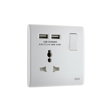 British General BG Neo Slimline Single Gang Universal Switched Power Socket With 2xUSB (PCPW27U2) [COMMERCIAL USE ONLY]