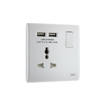 British General BG Neo Slimline Single Gang Universal Switched Power Socket With 2xUSB (PCPW27U2) [COMMERCIAL USE ONLY]