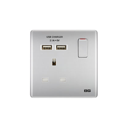 British General BG Neo Slimline Single Socket with USB Charger, Silver (PCSL21U2)