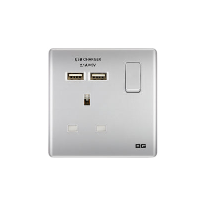 British General BG Neo Slimline Single Socket with USB Charger, Silver (PCSL21U2)