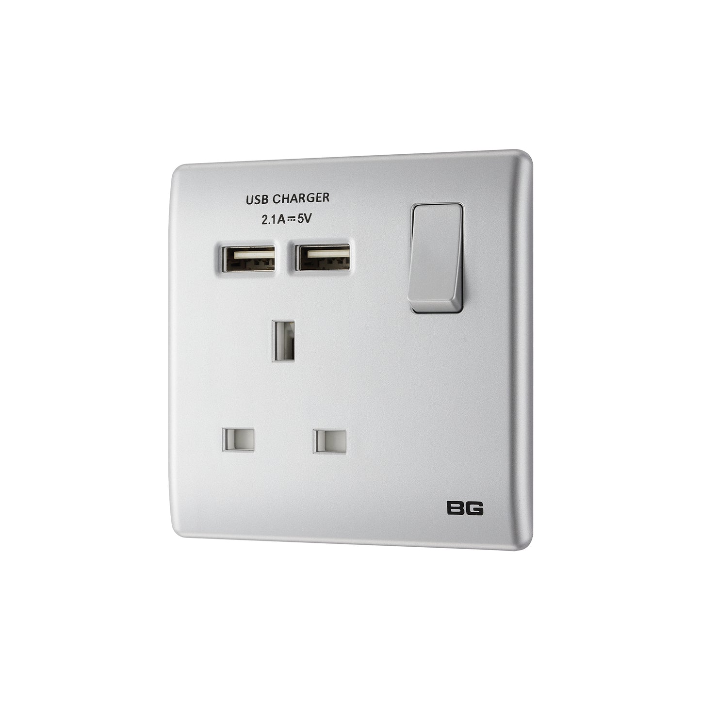 British General BG Neo Slimline Single Socket with USB Charger, Silver (PCSL21U2)