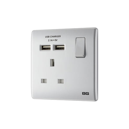 British General BG Neo Slimline Single Socket with USB Charger, Silver (PCSL21U2)