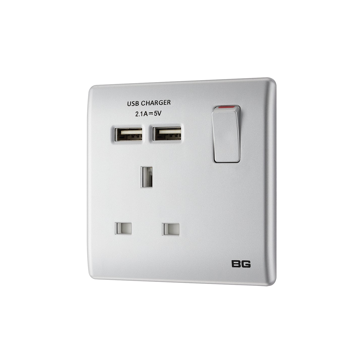 British General BG Neo Slimline Single Socket with USB Charger, Silver (PCSL21U2)