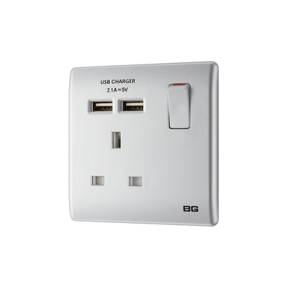 British General BG Neo Slimline Single Socket with USB Charger, Silver (PCSL21U2)