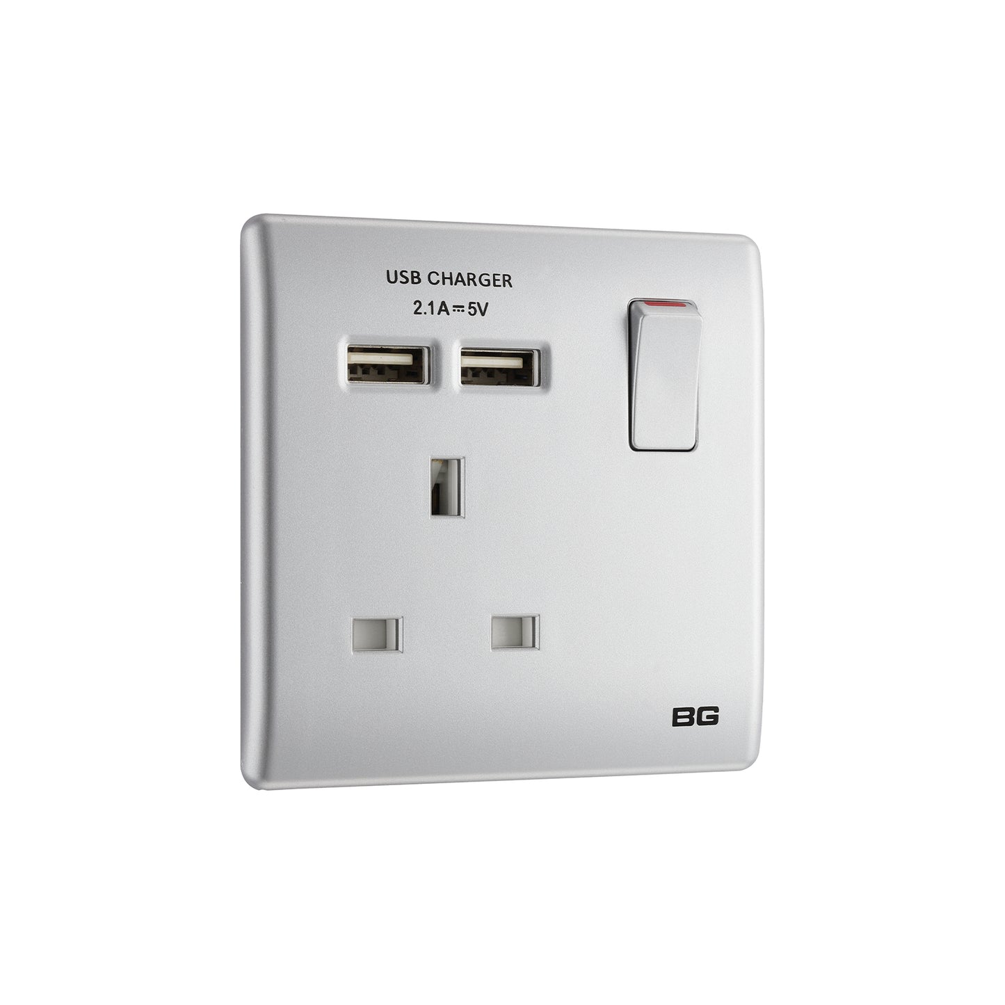 British General BG Neo Slimline Single Socket with USB Charger, Silver (PCSL21U2)