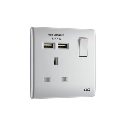 British General BG Neo Slimline Single Socket with USB Charger, Silver (PCSL21U2)