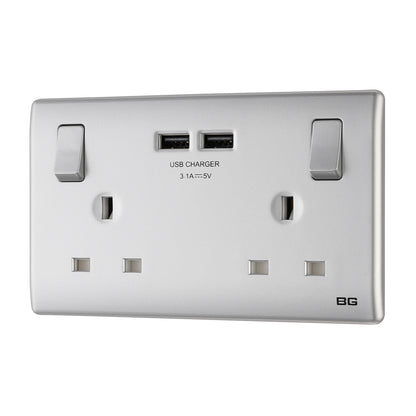 British General BG Neo Slimline Double Socket with USB Charger (PCSL22U3)