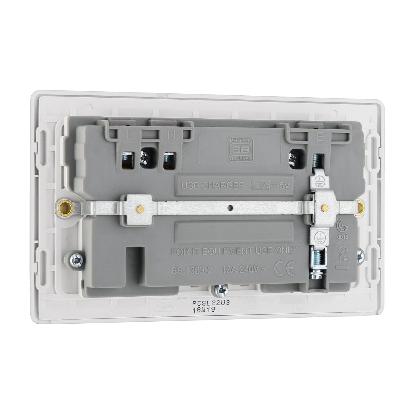 British General BG Neo Slimline Double Socket with USB Charger (PCSL22U3)