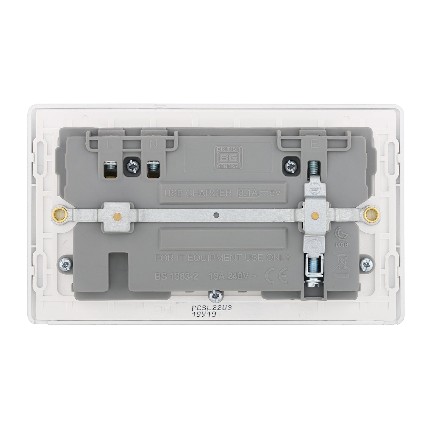British General BG Neo Slimline Double Socket with USB Charger (PCSL22U3)