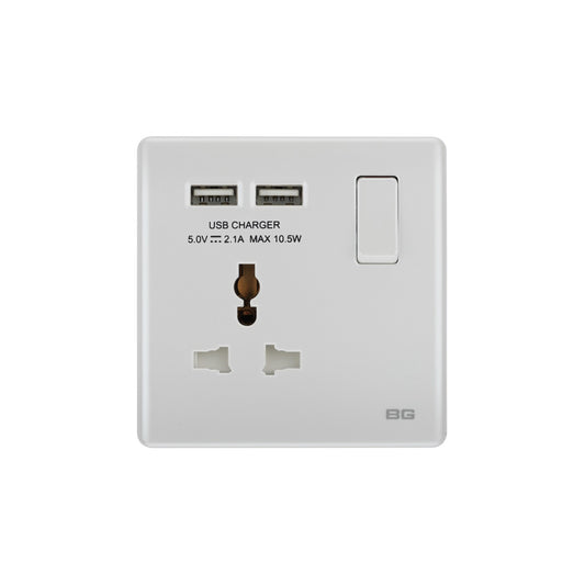 British General BG Neo Slimline Single Gang Universal Switched Power Socket With 2xUSB (PCPW27U2) [COMMERCIAL USE ONLY]