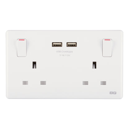 British General BG Neo Slimline Double Socket with USB-A Charger, White (PCWH22U3)