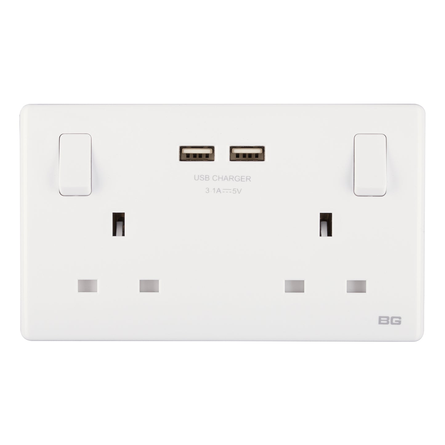 British General BG Neo Slimline Double Socket with USB-A Charger, White (PCWH22U3)
