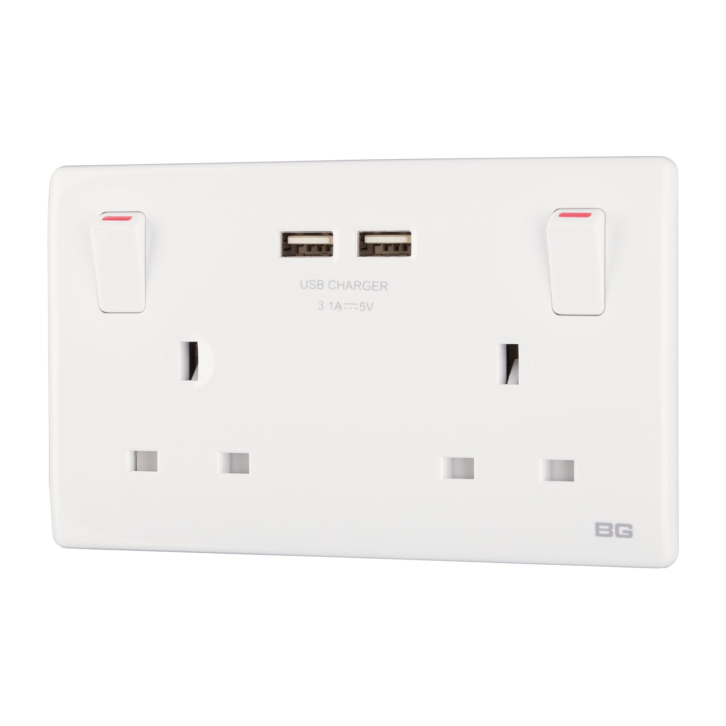 British General BG Neo Slimline Double Socket with USB-A Charger, White (PCWH22U3)