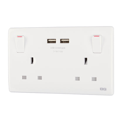 British General BG Neo Slimline Double Socket with USB-A Charger, White (PCWH22U3)