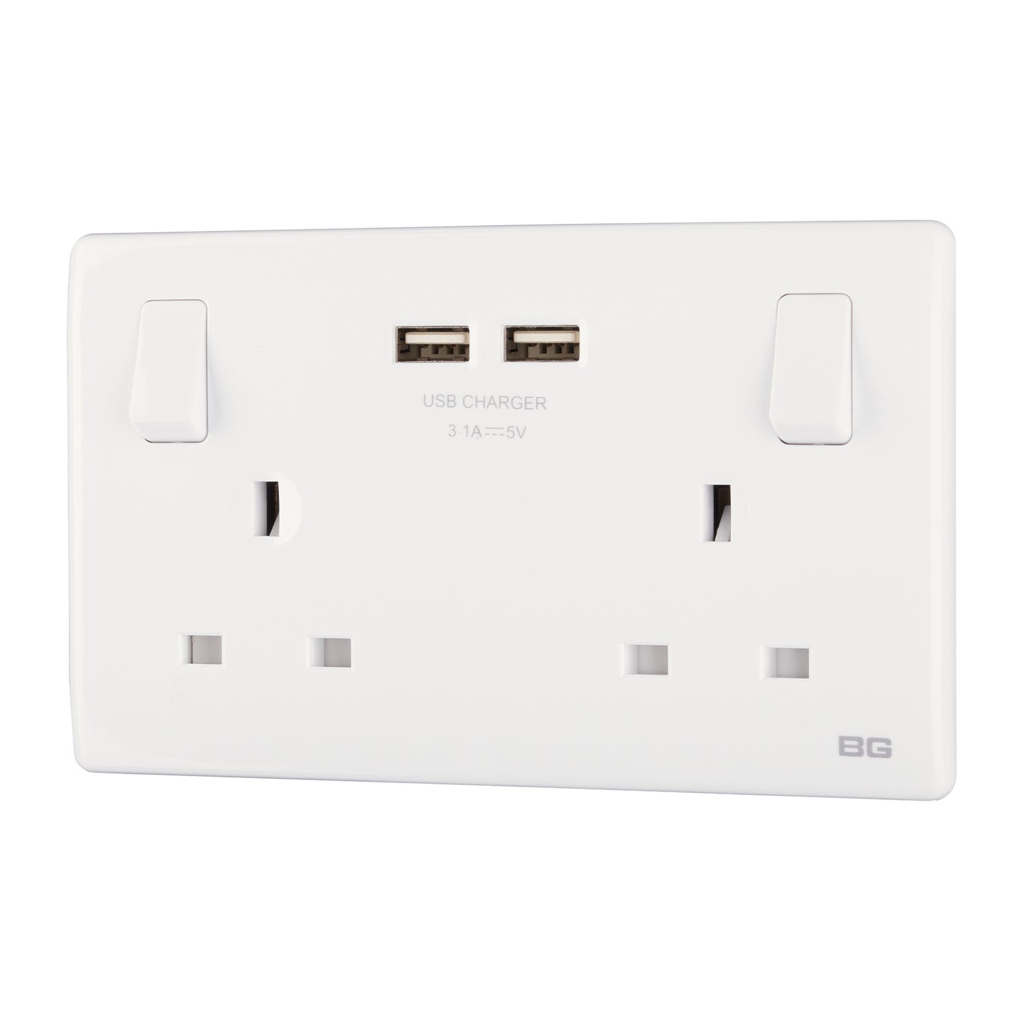 British General BG Neo Slimline Double Socket with USB-A Charger, White (PCWH22U3)
