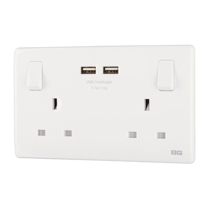 British General BG Neo Slimline Double Socket with USB-A Charger, White (PCWH22U3)