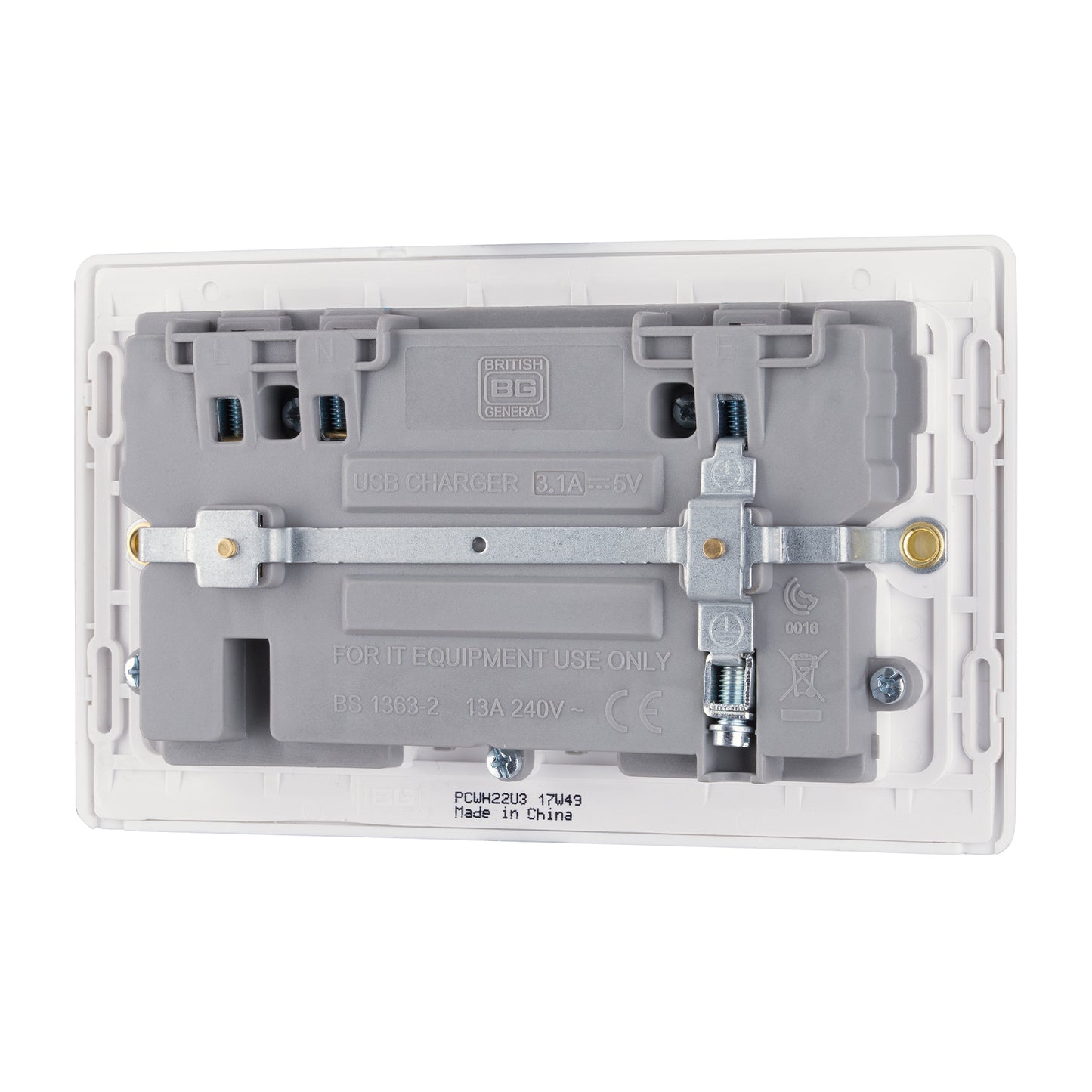 British General BG Neo Slimline Double Socket with USB-A Charger, White (PCWH22U3)