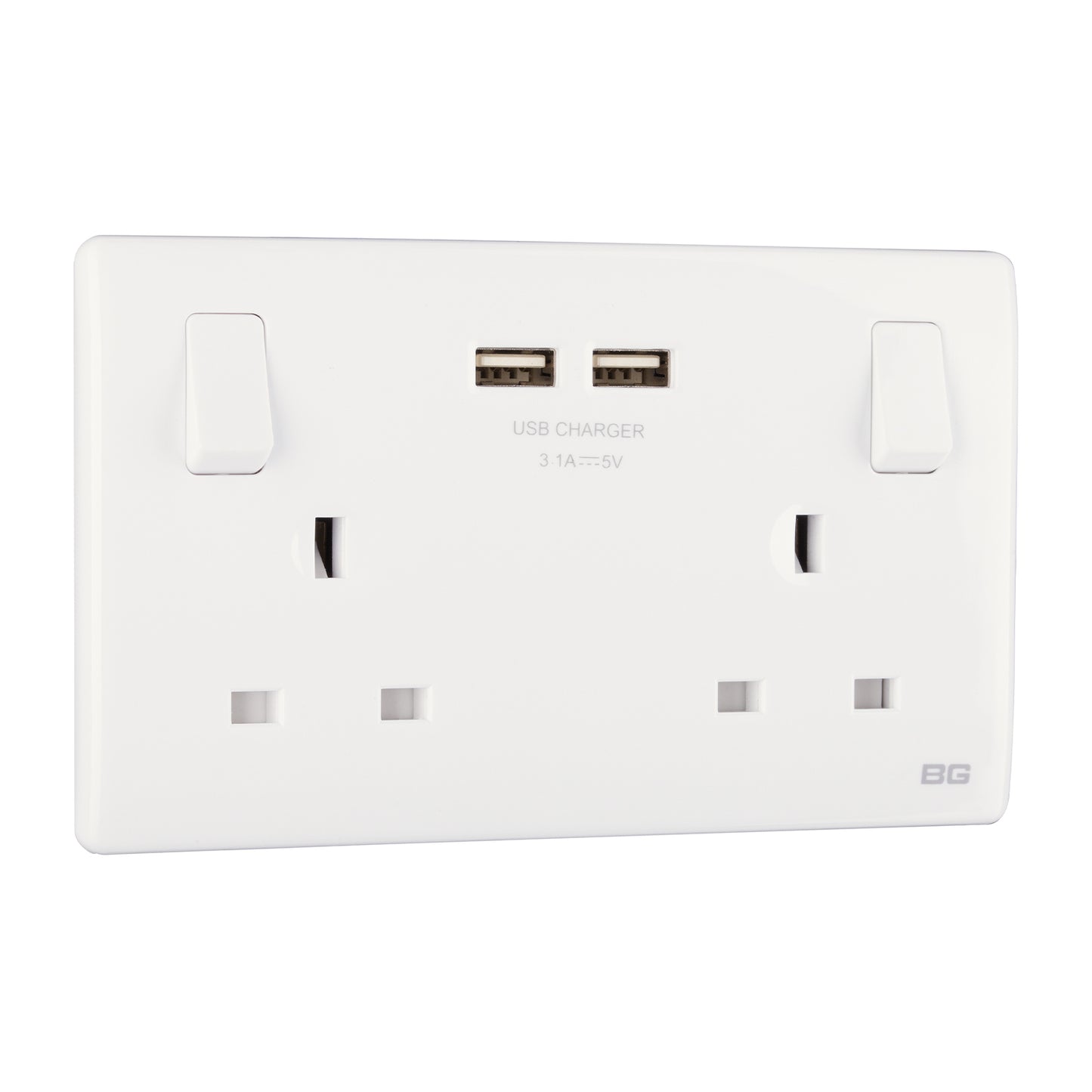 British General BG Neo Slimline Double Socket with USB-A Charger, White (PCWH22U3)