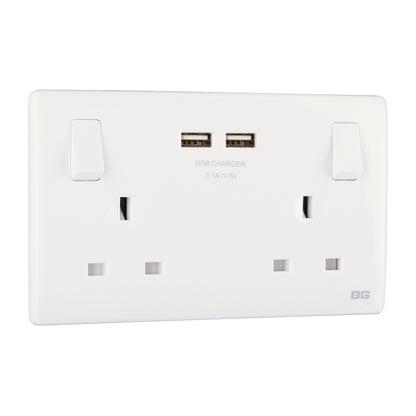 British General BG Neo Slimline Double Socket with USB-A Charger, White (PCWH22U3)