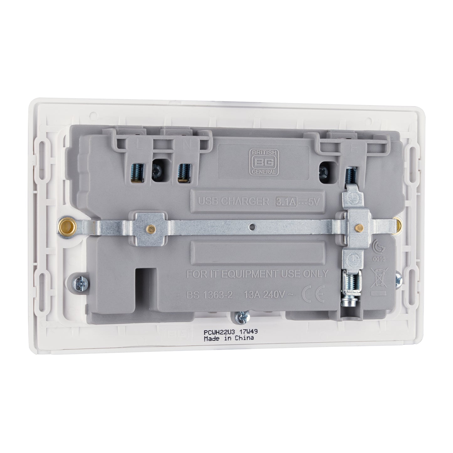 British General BG Neo Slimline Double Socket with USB-A Charger, White (PCWH22U3)