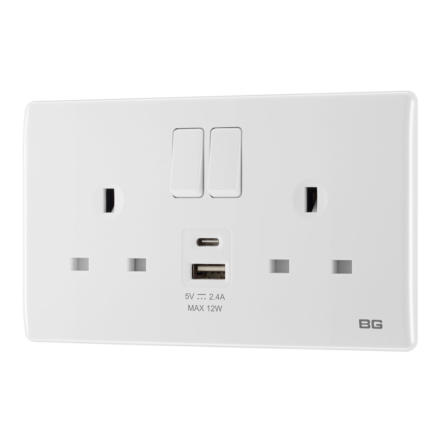 British General BG Neo Slimline, 2 Gang Switched Socket with 12W USB-A+USB-C (PCWH22UAC12)