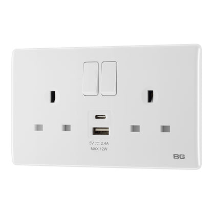 British General BG Neo Slimline, 2 Gang Switched Socket with 12W USB-A+USB-C (PCWH22UAC12)
