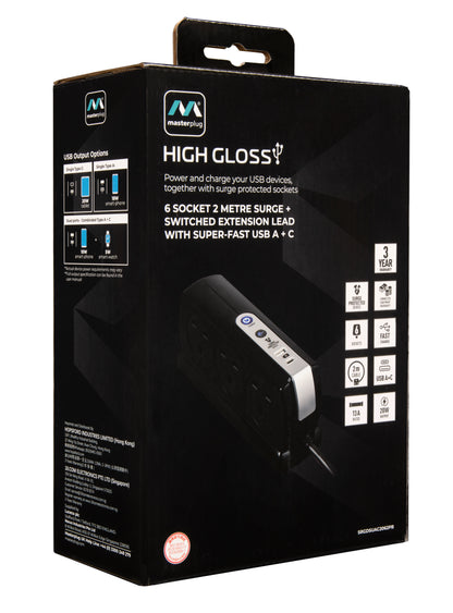 Masterplug Back-To-Back 6 Socket 2M Surge+Switched Extension Lead with USB A+C (SRGDSUAC2062PB)