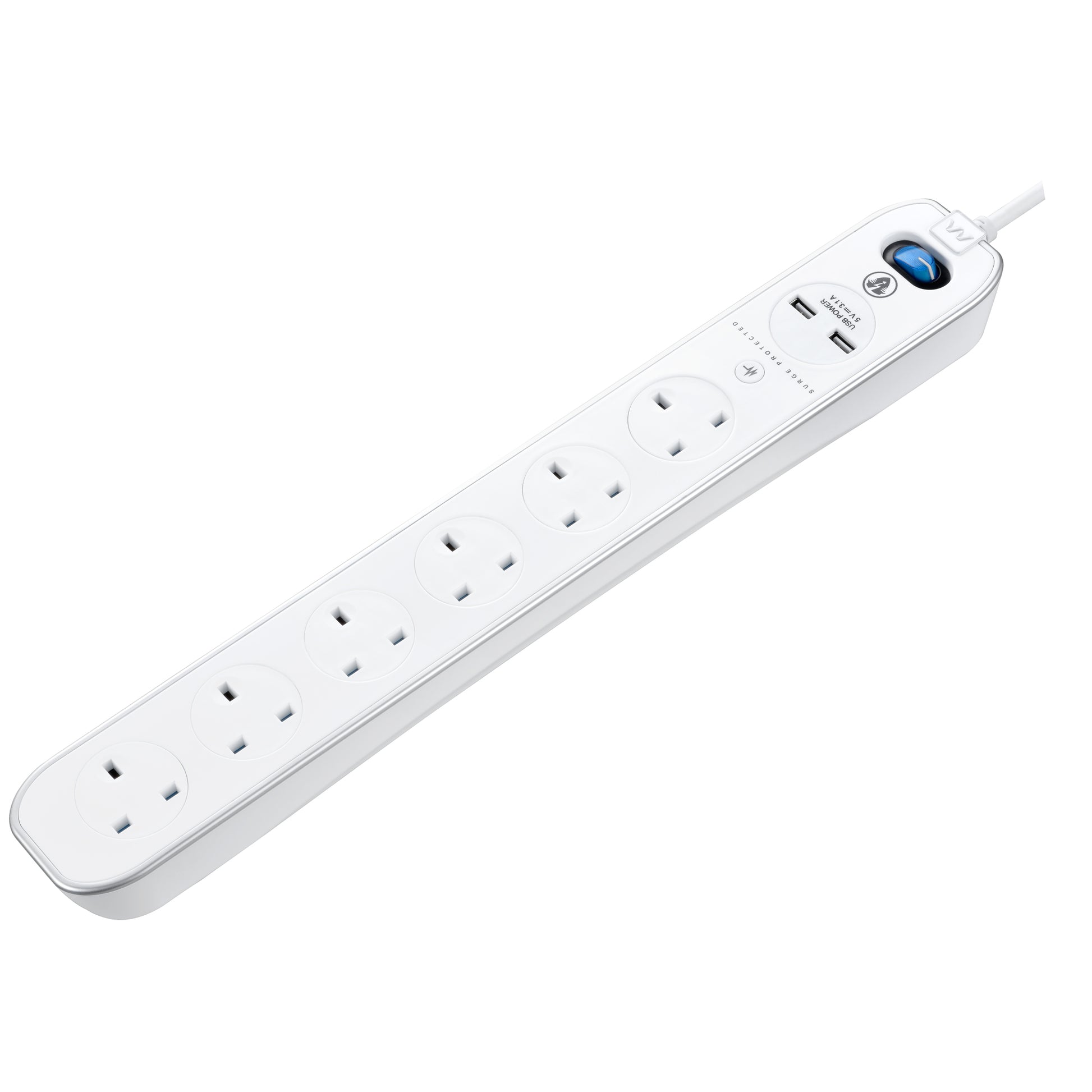 Masterplug USB Surge Extension Lead with 2 x USB 6 Sockets 3 meter Whi ...