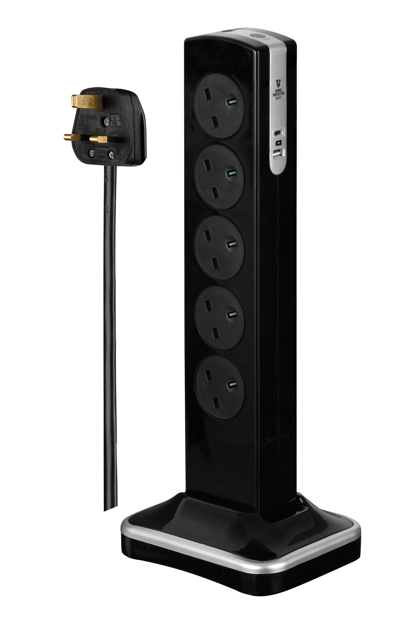 Masterplug 10 Socket 3 Meter Surge Protected Tower With Super-Fast USB A+C (SRGTOWSUAC20103PB)