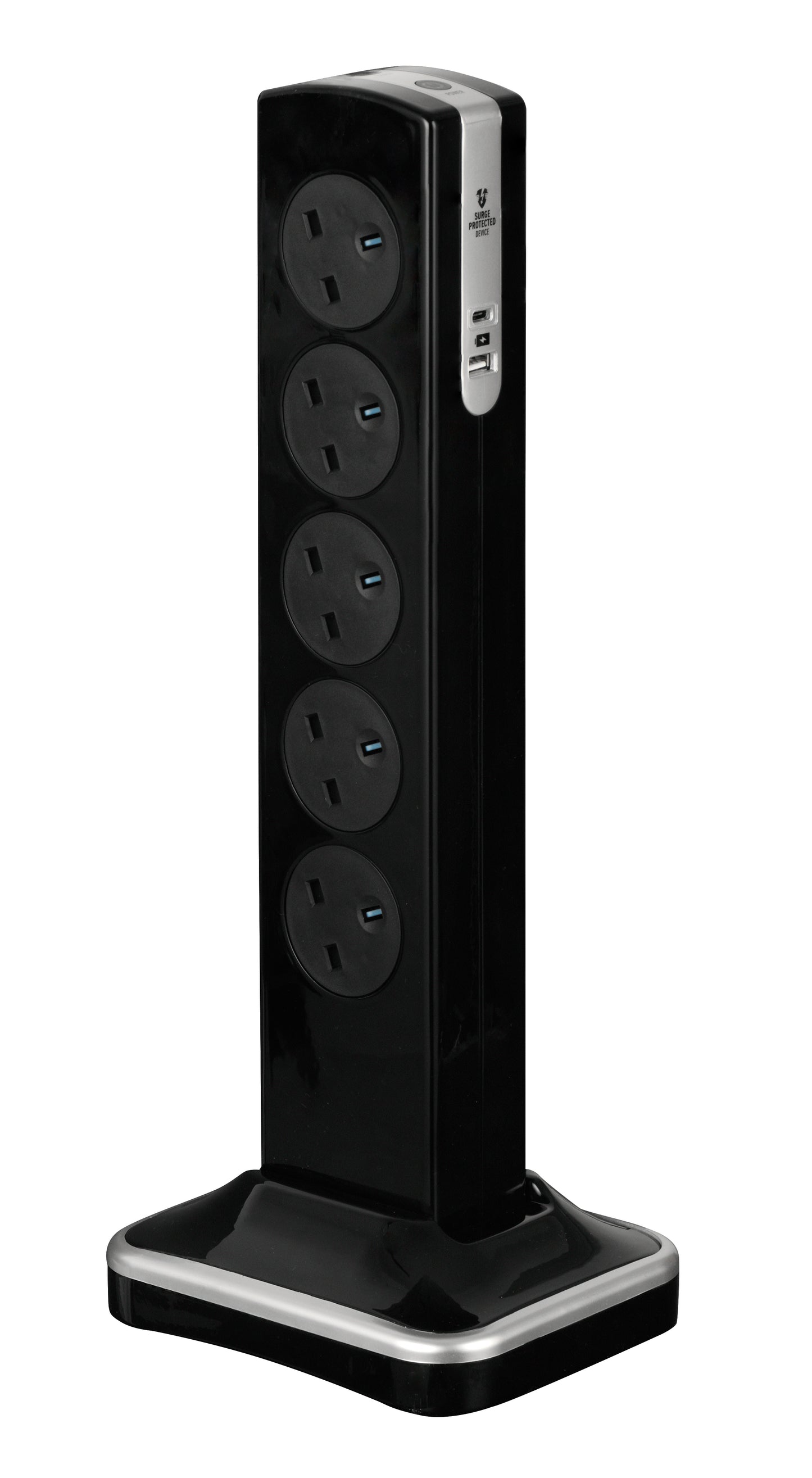 Masterplug 10 Socket 3 Meter Surge Protected Tower With Super-Fast USB A+C (SRGTOWSUAC20103PB)