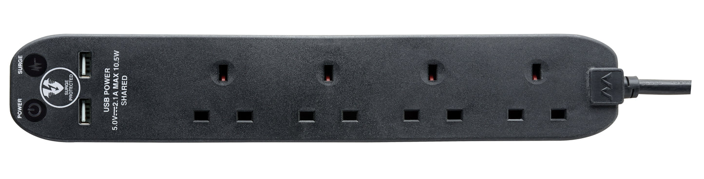 Masterplug Surge Extension Lead 4 Sockets with 2xUSB 2 meter Black/ White (SRGU42N)