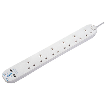 Masterplug Surge Extension Lead 6 Sockets with 2xUSB 2 meter Black/ White (SRGU62N)
