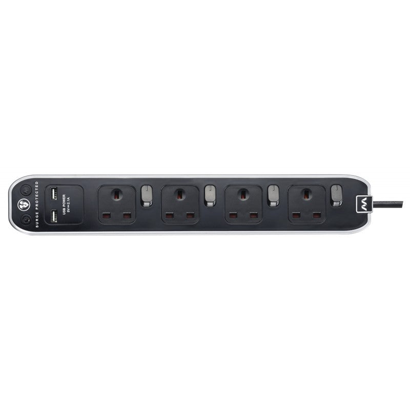 Masterplug Individual Switched Surged Protected 4 Sockets Extension Lead 2 meter Piano Black(SWSRGU42PB)