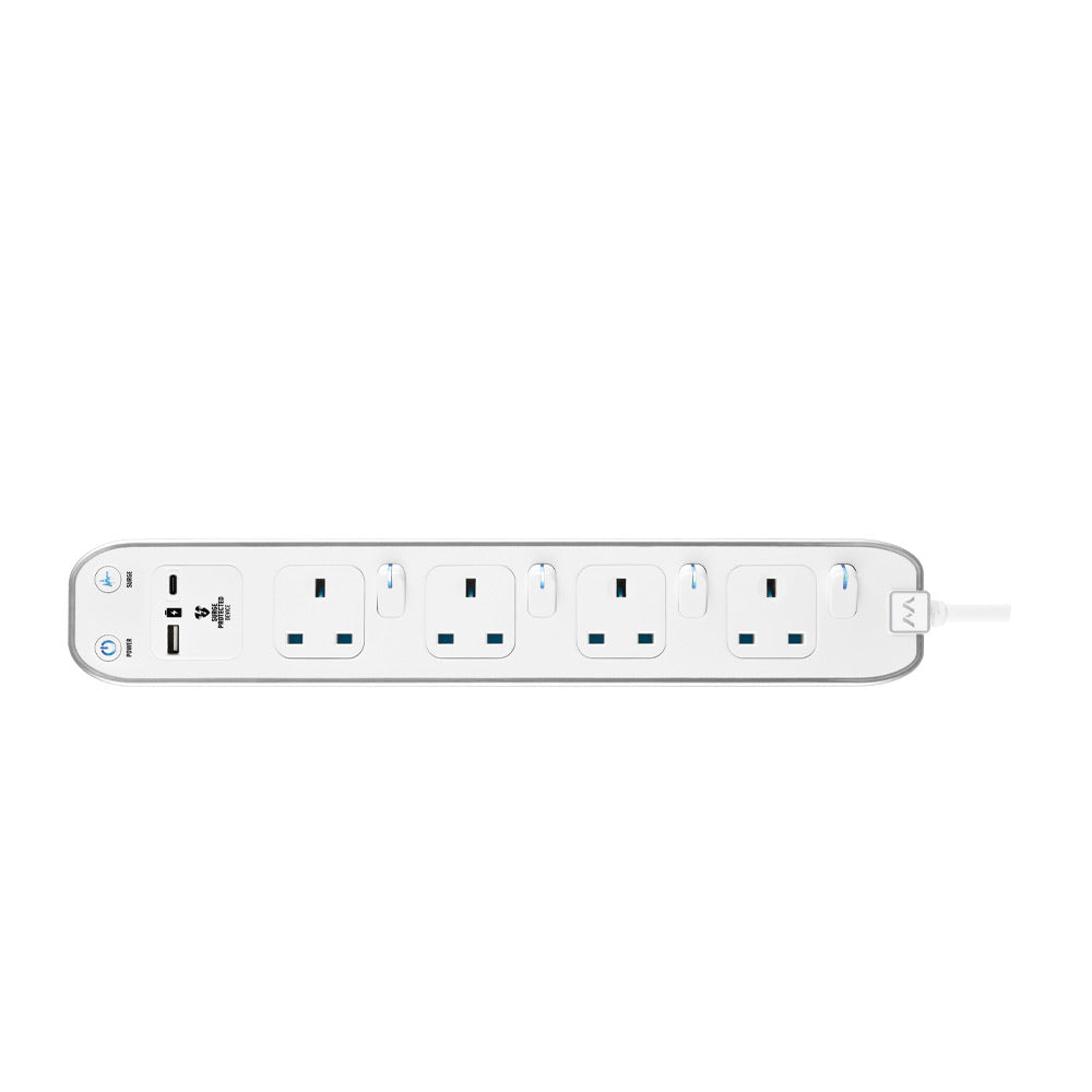 Masterplug 4 Sockets 3 Metre Surge+Switched Extension Lead With Super-Fast USB A+C (SWSRGUAC2042PW)
