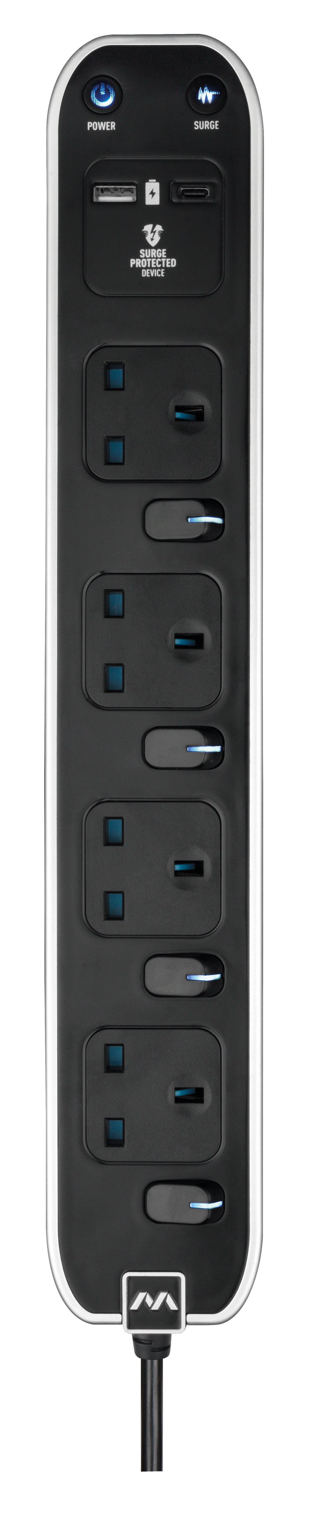 Masterplug 4 Sockets 3 Metre Surge+Switched Extension Lead With Super-Fast USB A+C (SWSRGUAC2042PW)