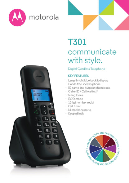 Motorola Single Dect Cordless Phone with 2 way Speaker (T301)