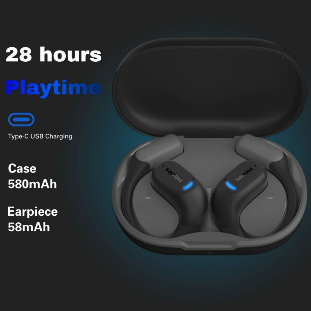 Philips Open-Ear True Wireless Sports Headphones Open-Ear Fit Ear-Hook Design Up to 28H Play (TAA6709DG/97)