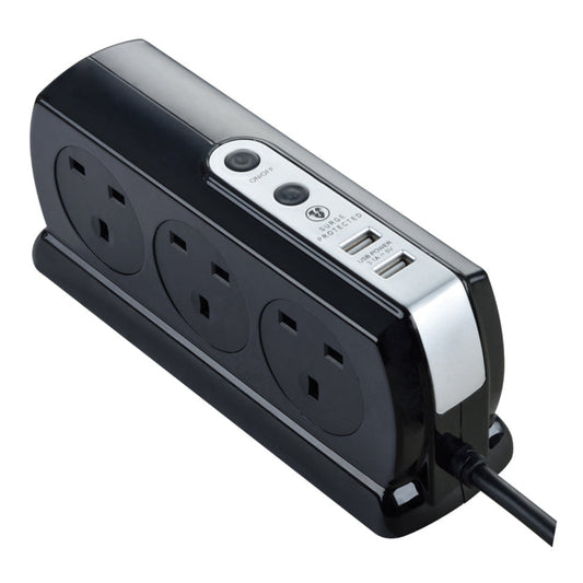 Masterplug Surge Compact Back-to-Back 6 Sockets USB Extension Lead 3 meter Black/ White (SRGDSU63PB)