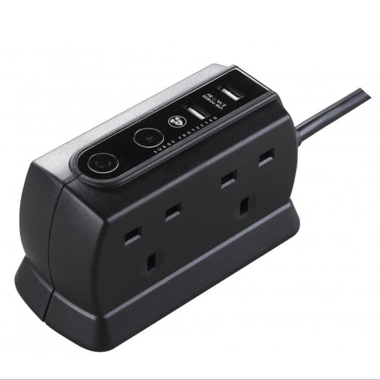 Masterplug Surge USB 4 Sockets Compact Back-to-Back Extension Lead 2 meter Black (SRGDU42MB2)