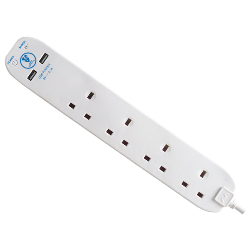 Masterplug Surge Extension Lead 4 Sockets with 2xUSB 2 meter Black/ White (SRGU42N)