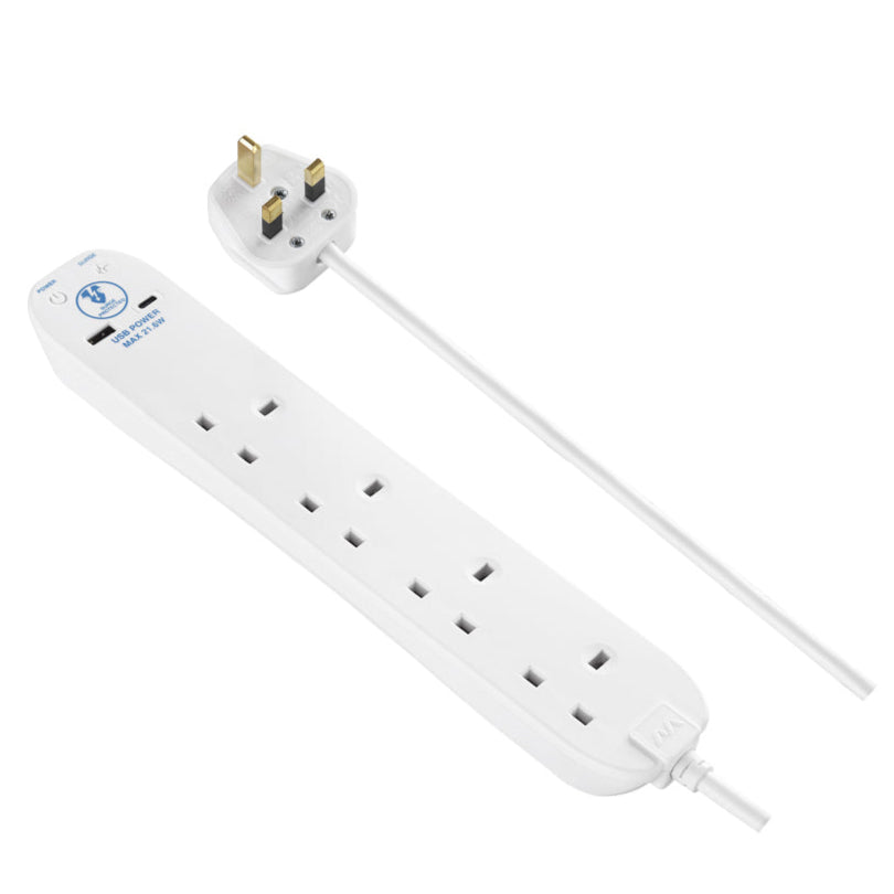 Masterplug Surge Extension Lead Fast Charge USB A&C 4 Sockets 2 meter Black/ White (SRGUAC2242N)
